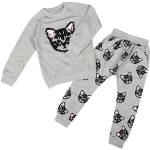 Peuter Kids Meisjes Kleding Lange Mouwen Cartoon Katten Print Sweater Broek Set Meisjes Trainingspak Sport Pak Kinderkleding