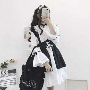 Kawaii Lolita Jurk Zoete Leuke Kawaii Meisjes OP Prinses Meid Vintage Ruches Rok Bladerdeeg Mouw Zwarte Vrouwen Rok Ronde Kraag