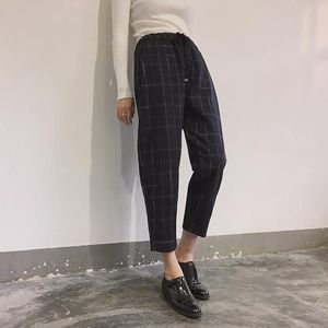 Vrouwen Casual Plaid Losse Taille Trekkoord Harembroek Lange Sliming Wollen Broek herfst winter potlood broek broek