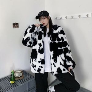 Koreaanse Winter Mode Jas Harajuku Koeien Afdrukken Losse Volledige Mouw Leren Jas Vintage Flanel Warm Houden Katoenen Kleding