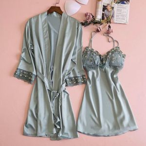 Witte Bruid Sexy Satin Lace Robe Sets 2 Stuks Zomer Womens Kimono Gown V-hals Borduren Badjas Casual Sweet Dunne loungewear