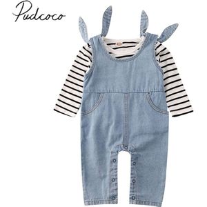 Baby Lente Herfst Kleding Pasgeboren Peuter Baby Jongen Meisje Kleding Katoen Gestreepte Tops Denim Bib Broek Outfits Set 0 -18M