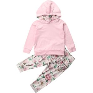 0-24M Baby Baby Meisje Kleding Sets Trainingspak Solid Hooded Sweatshirt Top Bloemen Broek Broek Outfit Kleding