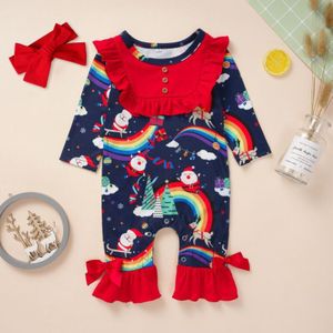 PUDCOCO Pasgeboren Baby Kids Baby Meisje Kerst Regenboog Romper Jumpsuit Speelpakje Kleding 0-24M