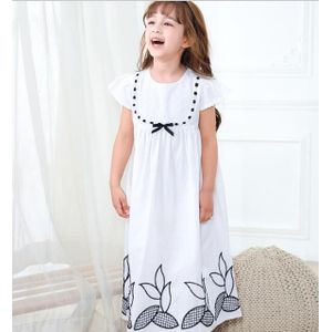 Zomer Meisjes Pyjama Jurk Baby Meisje Witte Boog Bloem Borduren Katoen Slaap Jurken Kinderen Thuis Kleding 6 8 10 12 Jaar