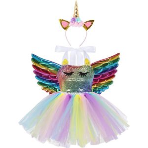 Tiaobug Kids Meisjes Halter Kleurrijke Glanzende Pailletten Cartoon Mesh Tutu Jurk Met Haar Hoepel Angel Wing Outfit Rollenspel Party Kostuum