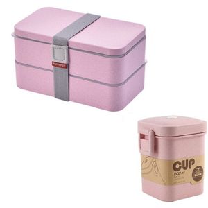 1200Ml Tarwe Stro Dubbele Lagen Lunchbox Met Lepel Gezonde Materiaal Bento Dozen Magnetron Voedsel Opslag Container Lunchbox