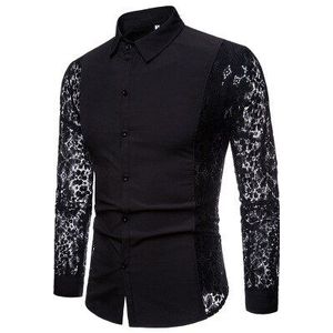 Gothic Vintage Mannen Shirts Lange Mouw Kant Armen Hollow Out Turn Down Kraag See-Through Blouses Mannen Kleding