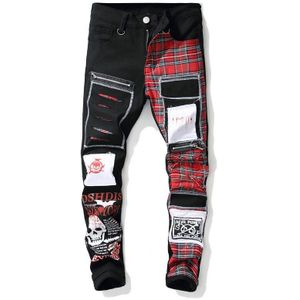 Aolamegs Mannen Jeans Rits Patch Rode Schotse Plaid Print Jeans High Street Slim Denim Broek Cool Cargo Streetwear mannelijke