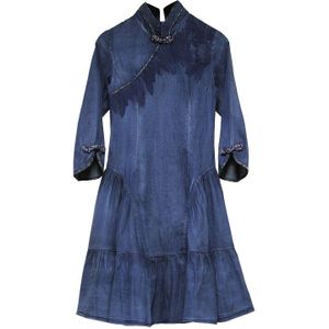 Jurk Vrouwen Yuzi. kan Boho Herfst Denim Vrouwen Jurken A-lijn Mandarijn Kraag Vintage Vestidos A82111 Vestido