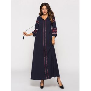 Borduurwerk Elegante Maxi Jurk Voor Vrouwen Herfst Kwastje Hals Lange Mouw Ramadan Gown Eid Arabische Dubai Abaya Kaftan Robe VKDR1952
