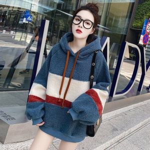 Winter Explosie Modellen Plus Fluwelen Dikke Dames Hoodie Strepen Stiksels Persoonlijkheid Contrast Kleur Losse Vrouwen Trui