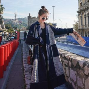 [Deat] Herfst Mode Vrouwen Trenchcoat Casual Wollen Patchwork Over Size Wilde Volledige Mouw Revers kraag Denim TX148