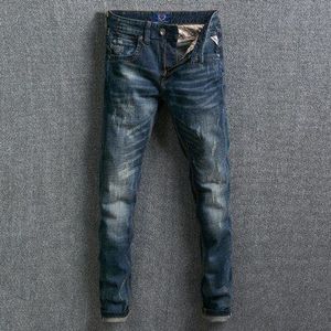 Klassieke Mannen Jeans Slim Fit Donkerblauwe Kleur Vintage Denim Lange Broek Ripped Jeans homme Streetwear Hip Hop jeans