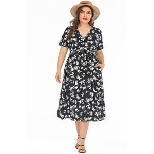 5xl 6xl Plus Size Casual Jurk Vrouwen Zomer V-hals Korte Mouw Bloemenprint Boho Strand Jurk Zakken Dames Tuniek maxi Jurken