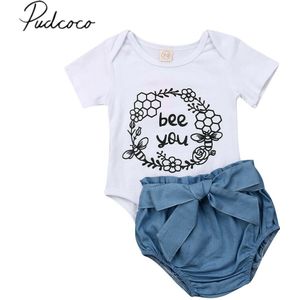 Baby Zomer Kleding Pasgeboren Peuter Baby Meisjes Bloem Outfits Kleding Korte Mouw Tops + Sash PP Denim Shorts 2 stuks Sets