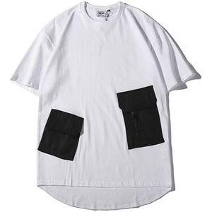 Mannen Zwart Wit Grijs Uitgebreide Gebogen Zoom Multi-Pocket Korte Mouw T-shirt Zomer Hip Hop Oversized Katoenen Mannelijke t-stuk