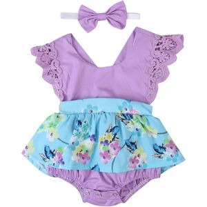 Focusnorm 0-24M Prinses Baby Meisjes Jongens Romper Jurk Bloemenprint Ruches Kant Korte Mouw Jumpsuits Hoofdband