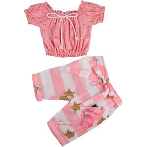 Focusnorm 0-5Y Kids Meisjes Kleding Sets Strik Ruches Korte Mouwen T-shirts Tops Gestreepte Broek 2 Stuks