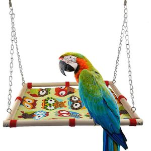 1pc Papegaai Swing Opknoping Bed Houten Frame Cartoon Uil Print Canvas Huisdier Vogel Speelgoed