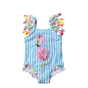 Peuter Kids Baby Meisjes Flamingo Bikini Badmode Badpak Zomer Zwemmen Beachwear Blauwe Strepen Kwasten Een Stuk Zwemmen
