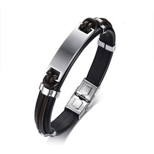 Personaliseren Tag Armband Voor Mannen Zwart Lederen Armband Met Roestvrij Staal Id Bangle Mannen Sieraden