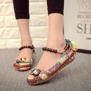 Plus Size42 Casual Platte Schoenen Vrouwen Flats Handgemaakte Kralen Enkelbandjes Loafers Zapatos Mujer Retro Etnische Geborduurde Schoenen