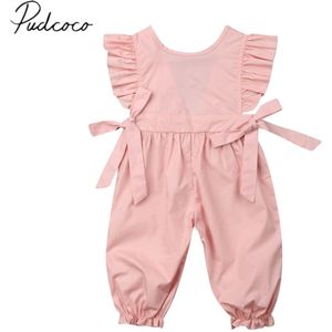 Baby Zomer Kleding 0-24M Pasgeboren Peuter Meisje Strik Romper Kleding Ruche Mouw Roze Effen Romper Jumpsuit outfit