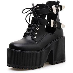 Gdgydh Blok Hakken Enkellaars Voor Vrouwen Platform Schoenen Punk Schoenen Mode Gesp Rubberen Zool Vierkante Teen Enkelbandje Zwart schoenen