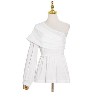 Twotwinstyle Wit Asymmetrische Shirt Voor Vrouwen Skew Kraag Lange Mouwen Een Schouder Hoge Taille Elegante Blouse Vrouwelijke Mode