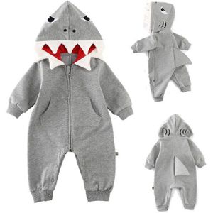 Leuke 3D Shark Romper Jumpsuit Winter Hooded Speelpakje Kostuum Voor Baby Waggel Kid Jongen Meisje Baby Mooie Mode Unisex Kleding