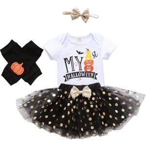 4 Stuks Set Halloween Baby Meisjes Kostuum Leuke Print Korte Mouw Romper + Tule Tutu Rok + Been Warmer Sequin hoofdband Outfits Set