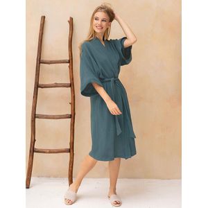 Ruched Cotton Robe Women&#39;s Nightgown Autumn Bathrobe Female Nightwear Casual Sleepwear Flare Three Quarter Sleeves Women Pijama