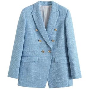 Adherebling Vrouwen Casual Traf Jassen Lente Lange Mouw Blauw Tweed Jas Metalen Knoppen Office Lady Slim Blazers Bovenkleding