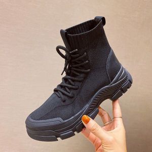 Sokken Laarzen Vrouwen Gebreide Ademend Wandelschoenen Herfst All-Match Dikke Zolen Stretch Zwarte Sneakers vrouwen ZA-178