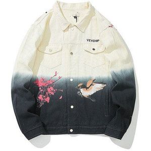 Denim Denim Shirt Mannelijke Vrouwelijke Jas Mannen Casual Mode Oversized Kleurverloop Anti-War Bird Print Denim Jas jas