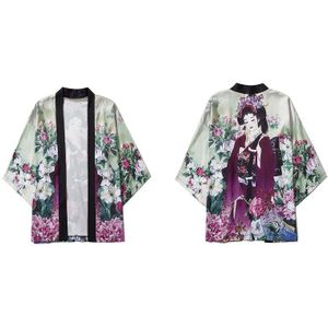 Gonthwid Harajuku Meisje Bloemen Bloemenprint Japanse Kimono Vest Shirts Mannen Casual Open Front Jassen Streetwear Jassen Tops
