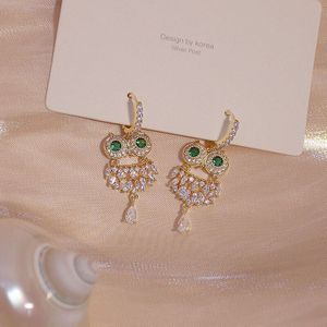 14K Real Gold Exquisite Uil Zirkoon Oorbel Voor Vrouwen Aaa Zirkoon Green Crystal Earring Dagelijks Hanger