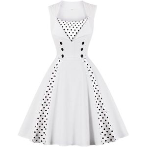 Tonval Vierkante Hals Witte Elegante Double Breasted Hoge Taille Een Lijn Jurk Polka Dot Vrouwen Rockabilly Vintage Jurken Katoen