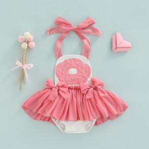 Citgeett Zomer Baby Baby Meisjes Bodysuit Donut Print Halter Bows Ruffle Layer Snap Jumpsuit Kleding