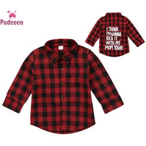 Rode Plaid Mode Peuter Kinderen Jongen Meisje Lange Mouw Terug Brief Afdrukken Check Blusa T-shirt Tee Tops Kleding 2-7Y