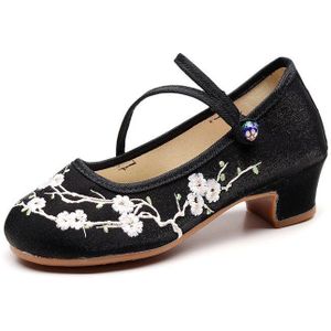Veowalk Vrouwen Zwart Flanel Katoen 4Cm Blok Hakken Chinese Geborduurde Schoenen Retro Vintage Elegante Dames Pompen Lage Hak Schoenen