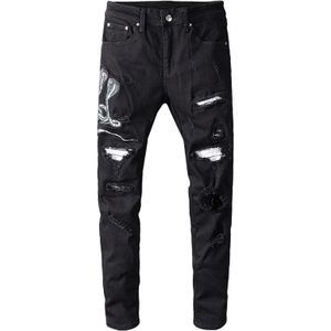 Sokotoo mannen snake geborduurde black ripped jeans Slim skinny gaten patchwork stretch denim broek