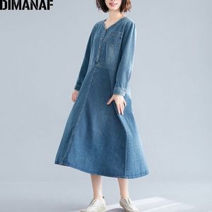 DIMANAF Plus Size Vrouwen Jurk Herfst Vintage Denim Katoen Big Size Losse Vrouwelijke Vestidos Casual Lange Mouw Basic jurk