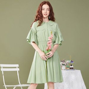 Artka Zomer Vrouwen Jurk Elegante Groene Ruches Flare Mouwen Jurken Turn-Down Kraag Elastische Taille Lange Jurk LA25200X