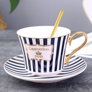 Beknopte Streep Bone China Koffie Kop Schotel Met Gouden Lepel Elegante Keramische Parijs Thee 225ml Porselein Theekopje Cafe Drinkware