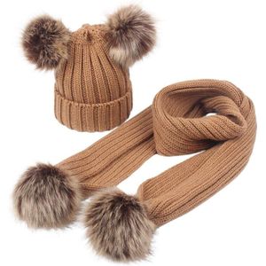 Peuter Kids Winter Warm Pom Pom Oren Tricot Beanie Hat Met Lange Sjaal Set