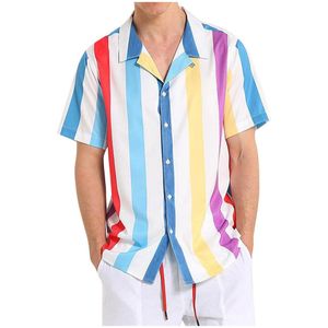 Gestreepte Regenboog Shirt Mannen Losse Korte Mouwen Button-Down Shirts Mannen Comfort Zomer Vocation Beach Tops Camisas Masculina