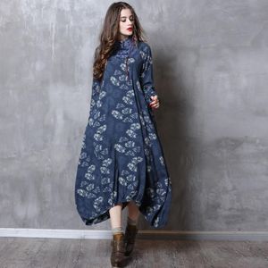 Johnature Herfst Mode Bloemenprint Stand Plaat Gesp Plus Size Jurk Casual Retro Lange Mouwen Onregelmatige Vrouwen Jurk