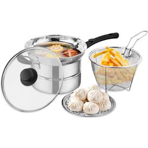 Multifunctionele Soep Kleine koekenpan Dampende Pot Grote Roestvrijstalen Chip Pan met Friteuse Mand en Deksel 41*21.5*20cm
